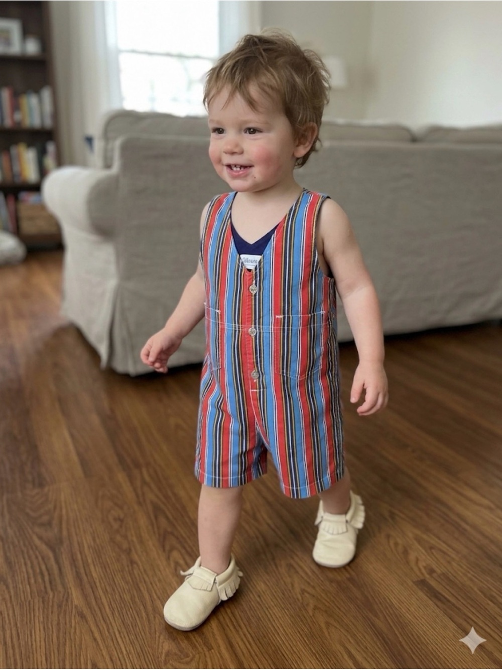 VTG Colorful Striped Baby Romper Overalls Button front Size 24M